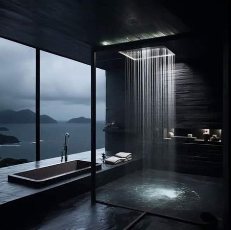 Dark Luxe Bathroom, Dark Modern House Bedroom, Dark Interior Design Bathroom, Modern House Astethics, Glass Homes Modern, Dark Mountain House Aesthetic, Black House Interior Design Bedroom, Dark Luxury Aesthetic House, Ultramodern House Interiors