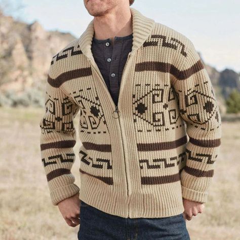 Ultimate Men's Cardigan Style Guide - Mensfash Big Lebowski Sweater, Retro Cardigans, Abstract Shirt, Casual Knitwear, Vintage Knitwear, New Mens Fashion, Zippered Cardigan, Jacquard Sweater, Zippered Sweater