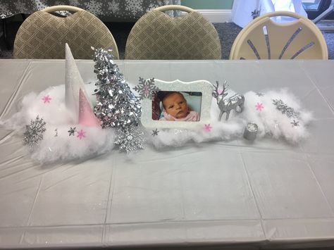 DIY centerpieces for my daughters 1st birthday party.  The theme, Winter  Onederland Winter Wonderland Party Pink And Silver, Winter Onederland Party Girl Centerpiece, Winter Onederland Party Centerpieces, Winter Onederland Table Centerpieces, Winter Onederland Centerpieces Diy, Diy Winter Onederland Decorations, Winter Onederland Party Girl Decoration, 1st Birthday Party Ideas Winter, Winter Onederland Centerpieces