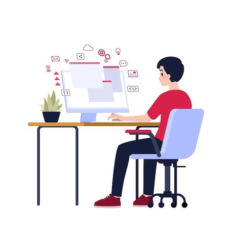 A young man sits at his desk workplace u... | Premium Vector #Freepik #vector #freelancer #work-life #using-computer #online-working Picture Of A Person, Valentines Wallpaper Iphone, Computer Teacher, Computer Photo, Male Teacher, Working Online, Computer Icon, Computer Animation, Valentines Wallpaper