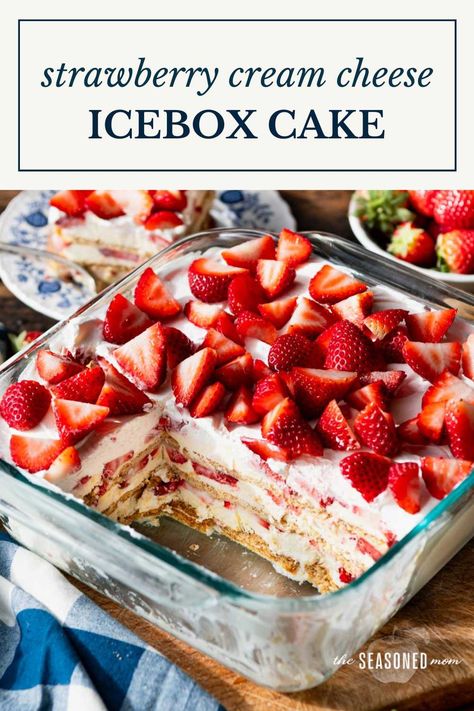 Light, refreshing, and full of cool, creamy, fresh berry flavor, this strawberry cream cheese icebox cake is the perfect easy, no-bake dessert. With layers of graham crackers, pudding, cream cheese, Cool Whip, and sliced strawberries, there’s no cooking necessary — just assemble and chill! 8x8 Desserts, Key Lime Icebox Cake, Strawberry Cream Cheese Icebox Cake, Cream Cheese Icebox Cake, Graham Cracker Dessert, Cracker Dessert, Icebox Cakes, Cheesecake Strawberry, Icebox Desserts