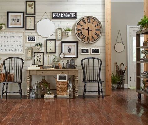 384 Likes, 3 Comments - Birch Lane (@birchlane) on Instagram: “Bring an element of nostalgia into your home by creating a timeless and vintage #gallerywall.…” Wall Clock Decor Living Room Ideas, Wall Clock Decor Living Room, White Shiplap Wall, Black Wall Clock, Wood Wall Clock, Clock Decor, Large Clock, Farmhouse Wall Decor, Ship Lap Walls