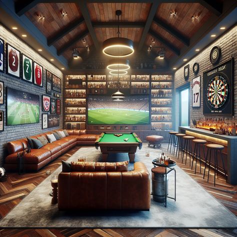 Immerse in the rustic allure of this spacious man cave, showcasing brick walls, a plush L-shaped couch, a high-tech TV plus sound system, and a stocked bar. Enjoy games on the mahogany pool table, darts, or soak in the sports memorabilia. #ManCave #SportsDen #HomeBar #LuxurySpaces #GameRoom #RusticDesign Sports Lounge Interior, Media Room With Pool Table, Sports Lounge Ideas, Man Cave Theater Room, Man Cave In Shop, Gentleman Room Man Caves, Sports Tv Room, Garage Game Room Converted, Cabin Gameroom