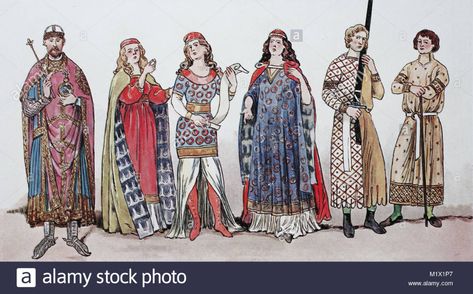 Clothing, fashion in Germany, men and women in the 11th-12th century, from the left, King Rudolf of Swabia in the coronation robe, then three women in costumes of the 11th century, a sword-bearer at the time of the Crusades and a noble young man in a long coat with a belt, digital improved reproduction of an original print from the 19th century Stock Photo Venetian Courtesan Dress, Fashion In Germany, Venetian Courtesan, 11th Century Clothing, 13th Century Fashion, 12th Century Fashion, 12th Century Clothing, 13th Century Clothing, Coronation Robes