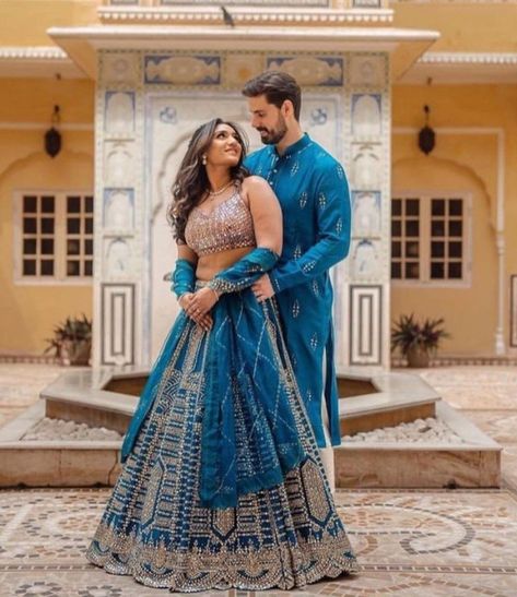 Marriage Reception Dress, Blue Indian Wedding, Engagement Couple Dress, Engagement Photos Indian, Engagement Portraits Poses, Wedding Matching Outfits, Indian Wedding Poses, Groom Dress Men, Engagement Photography Poses