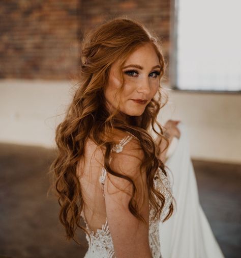 @WedLocksBridal posted to Instagram: This is about as heavy as we go on makeup.. We definitely lean towards a more natural look. If that's your jam, let's see if we're available for your wedding! Hair Vine Hairstyles Half Up, Half Up Half Down Wedding Hair With Greenery, Half Up Half Down With Hair Vine, Wedding Hair With Elf Crown, Ethereal Half Up Hair, Long Curly Wedding Hair, Boho Updo, Special Event Hair, Bridesmaid Updo