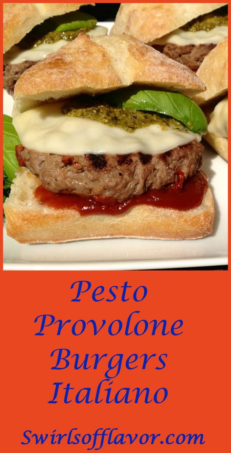 Pesto Provolone Burgers is an easy ground beef burger recipe that's seasoned with a zesty Italian flavoring mix and sun dried tomatoes. Topped with provolone cheese, pesto and a homemade Balsamic ketchup, Pesto Provolone Burgers have a punch of flavor in every bite! #burgers #hamburgers #ground beef #groundbeefburgers #grilling #Italian #provolonecheese #balsamicketchup #easyrecipe #swirlsofflavor Ground Beef Burger Recipe, Beef Burger Recipe, Burger Alternatives, Italian Burger, Meat Burger, Burger Recipes Beef, Gourmet Chicken, South American Recipes, Easy Grilling Recipes