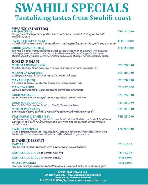 Are you looking for an authentic and delicious Swahili food experience? Look no further than the menu at Maru Maru Hotel! Our restaurant offers a wide variety of traditional Swahili dishes that are sure to satisfy your craving for bold flavours and unique culinary experiences. From mouthwatering pilau and biryani to flavorful curries and stews, our menu is filled with all the classic Swahili dishes that you know and love. Whether you're in the mood for a hearty meal or just looking to explor... Swahili Dishes, Food Experience, Hearty Meal, Food Experiences, Restaurant Offers, Curries, Hearty Meals, Biryani, In The Mood