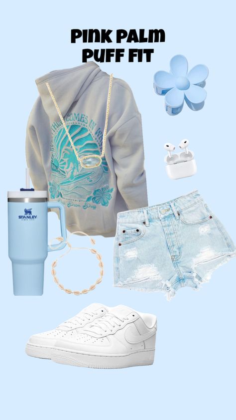 PINK PALM PUFF SUMMER OUTFIT@pinkpalmpuff #fitinspo#blue#summer Puff Outfit, Puff Hoodie, Palm Prints, Oversized Hoodie, Fit Inspo, Pink, Blue