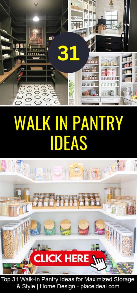 Discover 31 innovative walk-in pantry ideas that blend functionality with elegance. From rustic farmhouse to modern chic, get inspired by unique layouts, smart storage solutions, and design tips for small to large spaces. Perfect for those seeking a kitchen makeover or simply wanting to bring organization and a personal touch to their home. Walk In Pantry Ideas Layout, Small Walk In Pantry, Walk In Pantry Ideas, Ikea Pantry, Pantry Plans, Clutter Free Kitchen, Pantry Room, Built In Refrigerator, Pantry Ideas