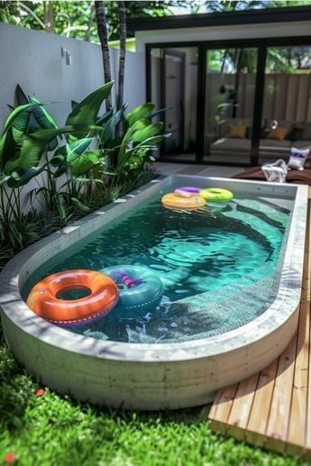 Small Splash Pool Ideas, Mini Plunge Pool, Small Swimming Pools Backyard Ideas, Mod Pool Ideas, Built In Swim Spa, Small Beach Entry Pool, Small Backyard Ideas With Pool, Tiny Pools For Small Yards, Tiny Pool Ideas