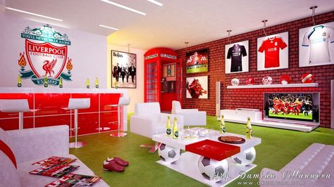 Soccer themed man cave Man Cave Designs, Soccer Themed Bedroom, Soccer Bedroom, Small Man Cave, Outdoor Man Cave, Soccer Room, Soccer Decor, Football Bedroom, Man Cave Shed