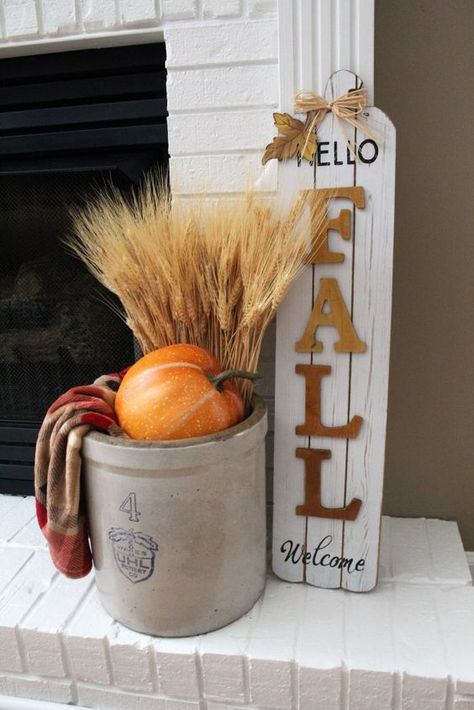 Fall Decor With Crocks, Large Crock Decorating Ideas Fall, Crock Fall Decor, How To Decorate An Old Butter Churn, How To Decorate A Crock For Fall, Fall Crock Decor, How To Decorate A Crock, Crock Fall Decorating Ideas, How To Decorate Crocks