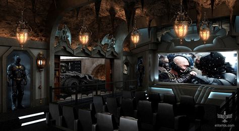 The Batcave: A superfan has spent £1.29million creating a home cinema inspired by Batman's secret underground lair Modern Media Room Design, Best Man Caves, Wayne Manor, Media Room Design, Batman Inspired, At Home Movie Theater, Cave House, Home Theater Rooms, Home Theater Design