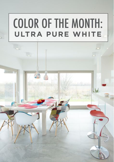 Looking to update your kitchen, family room, or office with a more contemporary twist? Starting off with a base color of white and then adding in pops of color is the way to go. White Walls And Trim, Behr Ultra Pure White, Ultra Pure White Behr, Perfect White Paint, Best White Paint Colors, Behr Ultra, Painting Trim White, Behr Colors, Color Of The Month