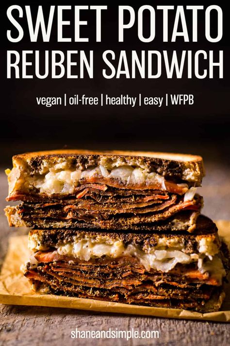 Sweet Potato Reuben Sandwich (Vegan) - Shane & Simple Vegan Reuben Sandwich Tofu, Vegetarian Rueben Sandwich, Sweet Potato Sandwich Recipes, Vegan Hot Sandwiches, Vegan Rueben Sandwich, Vegetarian Reuben Sandwich, Sweet Simple Vegan, Tofu Sandwich Vegan, Vegan Cuban Sandwich