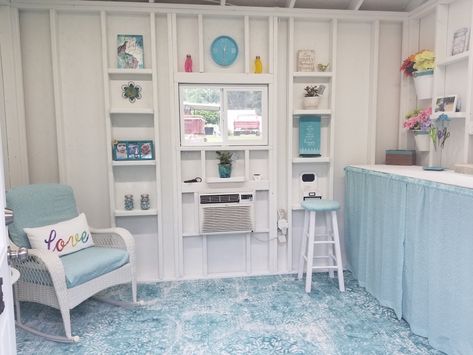 Garden Craft Room She Sheds, Converting Storage Shed To Office, Shed To School Room, 10x16 Craft Shed Interior, She Shed Storage Ideas, Art Shack She Sheds, She Shed Craft Room, She Shed Designs, Sewing Shed