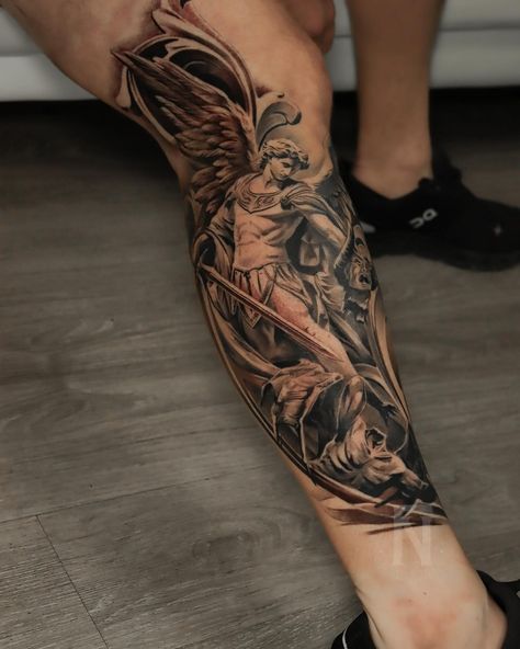 Saint Michael Drawing, Biblical Tattoos Sleeve, Forearm Tattoo Women Sleeve, St Michael Tattoo Design, Saint Michael Tattoo, Leg Sleeve Tattoo Male, St Michael Tattoo, Michael Tattoo, Memorial Tattoo Ideas