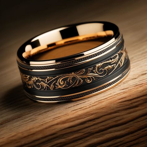 The Ultimate Guide to Black and Gold Men's Wedding Bands (7) Black Gold Rings For Men, Gold And Black Wedding Rings For Men, Black And Gold Male Wedding Band, Black Men Wedding Band, Black And Gold Wedding Ring Men, Men’s Wedding Ring Black And Gold, Black And Gold Mens Wedding Band, Wedding Rings For Men Black, Earthy Man