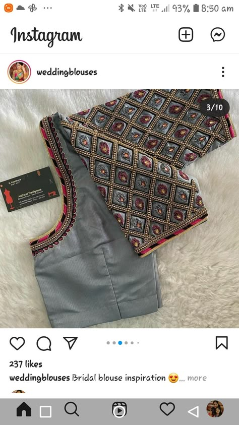 Grey Colour Aari Work Blouse, Grey Colour Blouse Maggam Work, Grey Colour Blouse Designs, Latest Embroidery Designs For Blouses, Blouse Handwork, Brocade Blouse Designs, Lace Blouse Design, Aari Design, Blouse Designs Catalogue