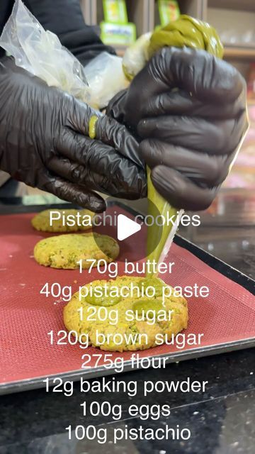 Fadi Kurdi on Instagram‎: "Pistachio cookies 

170g butter 
40g pistachio paste 
120g sugar 
120g brown sugar 
275g flour 
12g baking powder 
100g eggs 
100g pistachio………………………@fadi_kurdi_chef ‎ ‏  @emfemirates  @emflebanon @callebautchocolate ‏#cake #cakes #yummy #instagood #instayum #follower #fan #tutorial #baking #paris #colourful #foodgasm #instacake #chocolate #chocolates #delicious #yummyyummy #food #cakestagram #insta ##fan #tutorial #chef #dubai #uaelife"‎ Pistachio Paste, Pistachio Cookies, Biscuit Cookies, Pistachio, Baking Powder, Chocolates, Brown Sugar, Flour, Biscuits