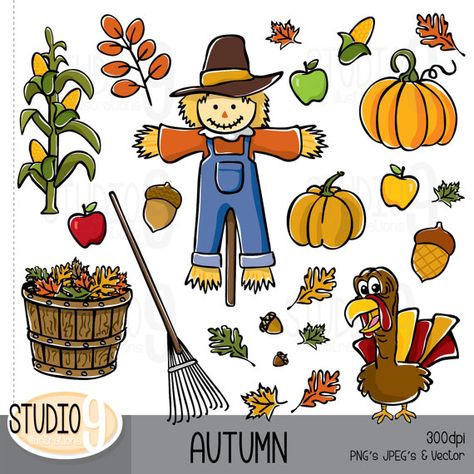 AUTUMN Illustrations Clipart Set    ***INSTANT DOWNLOAD***    Upon completed payment you will receive an e-mail with a link to your product Scarecrow Clipart, Clip Art Fall, Autumn Clip Art, Autumn Illustrations, Turkey Clipart, Thanksgiving Clipart, Album Photo Scrapbooking, Fall Clipart, Pumpkin Clipart