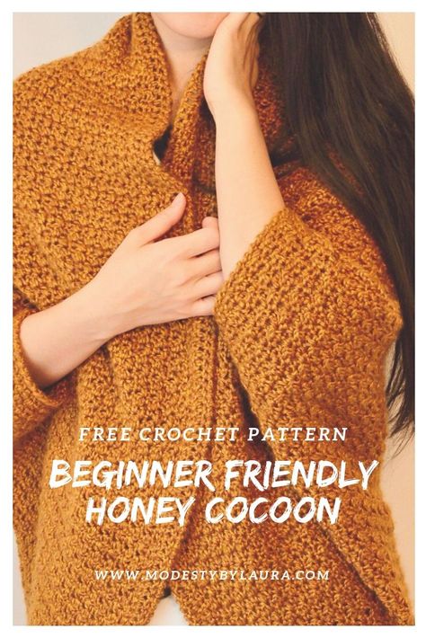 Get ready for the fall with this easy Honey Cocoon crochet pattern. Made with Lion Brand Heartland yarn which creates a beautiful drape for shrug. Free pattern available on the blog and available as inexpensive ad-free PDF file on Etsy and Ravelry. Crochet Cocoon, Simply Crochet, Diy Kostüm, Crochet Sweaters, Crochet Clothing, Crochet Wrap, Crochet Creations, Wrap Pattern, Craft Stuff