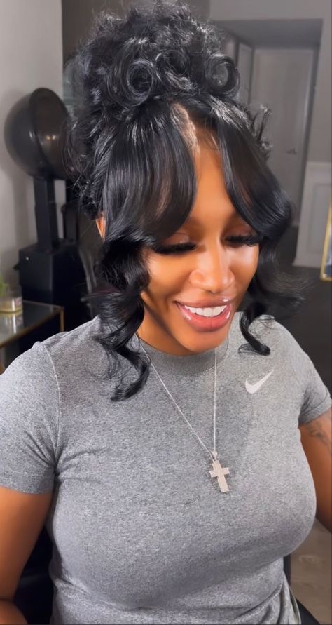 Curly Updo With Swoop, Half Up Half Down Weave Hairstyles With Bangs, Black Hair Up Dos Hairstyles, Full Ponytail Hairstyles For Black Women, Pony Tailed Hairstyle Wedding Black Women, Messy Ponytail With Bangs Black Women, Versatile Sew In Updo, Curly Bun Updo Black, Soft Updo Black Women