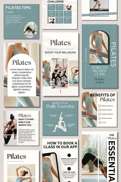 Pilates Templates | Pilates Studio Posts and Reels | Pilates Canva Templates | Health & Wellness #reelsgraphicdesign #instagramreelgraphicdesign #reelsgraphicdesignideas, Instagram Reel Template, Reel Template, Pilates Benefits, Instagram Grid, Instagram Reel, Pilates Studio, Canva Templates, Daily Workout, Health Wellness