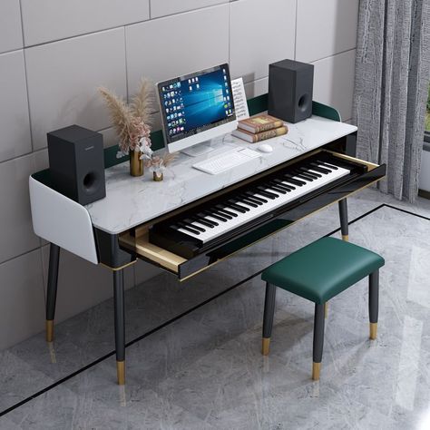 Music Keyboard Desk, Keyboard Area In Living Room, Hidden Piano Desk, Keyboard Piano Setup, Keyboard In Bedroom, Piano Keyboard Desk, Piano Setup, Piano Table, Piano Stand