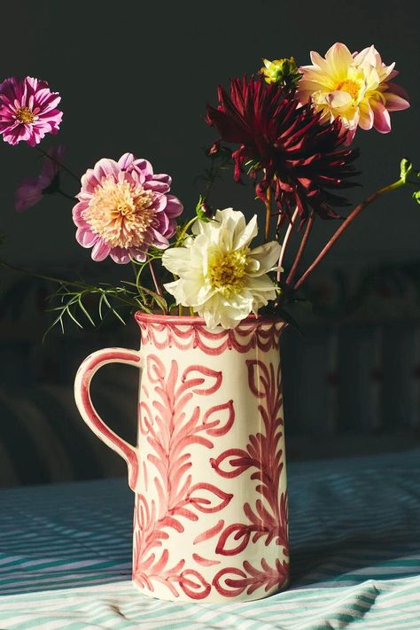 Late Afternoon – Maison Flâneur Cocktail Pitcher, Diy Pottery Painting, Box Creative, Table Setting Inspiration, Pottery Painting Designs, Southern Spain, Hand Painted Pottery, Hand Painted Vases, Ceramic Jug