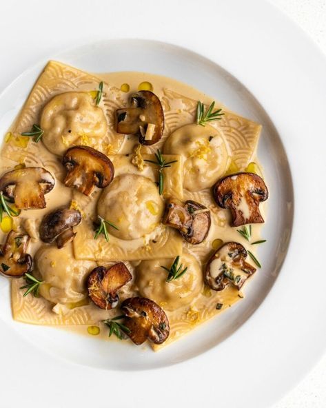 Bacon and Ricotta Ravioli in a Creamy Mushroom Sauce Easy Simple Recipes, Creamy Sausage Pasta, Burnt Butter, Homemade Pasta Dough, Mushroom Ravioli, Ricotta Ravioli, Mushroom Cream Sauces, Creamy Mushroom Pasta, Homemade Ravioli