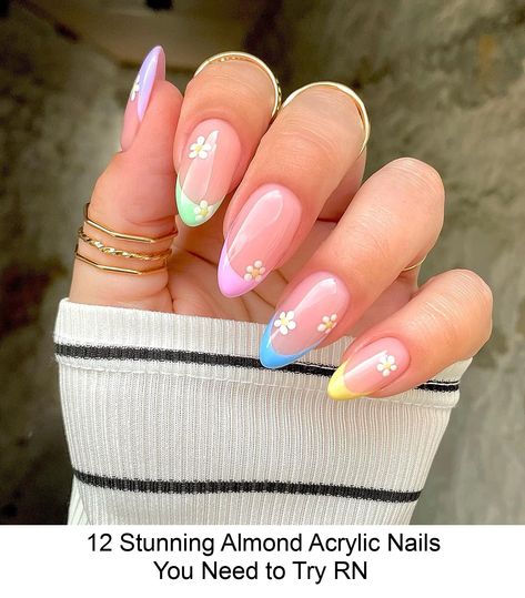 Almond acrylic nails are a universally flattering option for those who need some inspiration. Geometric shapes and ombre shades are two options worth trying. Trending Nail Colors, Latest Nail Colours, Summer Nails Almond, Different Nail Designs, Cute Spring Nails, Spring Nail Colors, Red Nail Designs, Cute Summer Nails, Almond Acrylic Nails