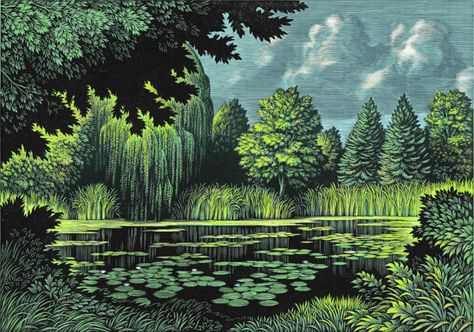 Frog Pond, Woodcut Art, Afrique Art, Linocut Art, Tableau Art, Linocut Prints, Pics Art, Water Lilies, 그림 그리기