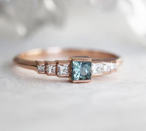 Montana Sapphire Engagement, Montana Sapphire Engagement Ring, Art Deco Diamond Ring Engagement, Art Deco Sapphire Ring, Montana Sapphire Ring, The Bling Ring, Teal Sapphire, Princess Ring, Rose Gold Diamond Ring