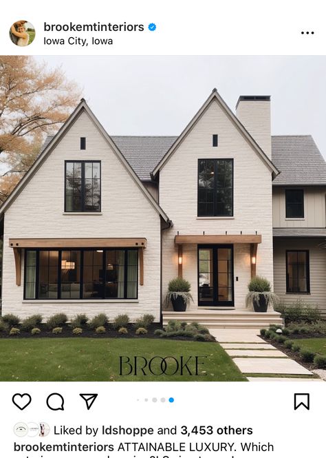 White Home Outside, Dark Brick And Wood Exterior, Craftsman’s Style Exterior, White And Brown House Exterior Modern, New Build Home Exterior, White Brown House Exterior, Exterior Home Renovation Ideas, Black Board And Batten House, Light Yellow Brick House Exterior