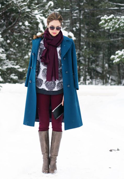 Turquoise and burgundy Teal Coat Outfit Winter, Teal And Burgundy Outfit, Teal Coat Outfit, Teal Burgundy, Turquoise Clothes, Burgundy Outfit, Burgundy Pants, Burgundy Jeans, Blue Coat