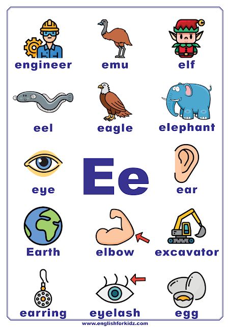 Alphabet Words Pictures, E Pictures Letter, A Words For Preschool, Words With Letter A, E Words For Kids, Letter E Worksheet, E Alphabet, E Letter, Alphabet E