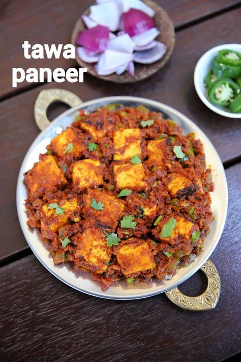 tawa paneer recipe | paneer tawa masala | paneer tawa fry with step by step photo and video recipe. paneer recipes are common dish across india and have a huge audience base for it. when it comes for curries or sabzi’s with paneer, it is generally rich, creamy onion and tomato based gravy. but then there is this unique dry paneer curry also known as tawa paneer recipe made as street food across india served with roti or naan flat bread. Paneer Gravy, Masala Paneer, Hebbars Kitchen, Khana Khazana, Taste Food, Paneer Dishes, Indian Veg Recipes, Almond Bread, Indian Curries