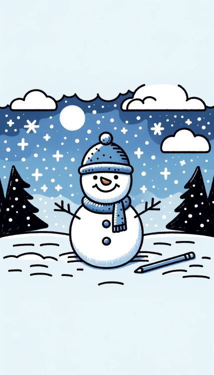 The image illustrates a snowman in a wintry landscape, complete with a smiling face, stick arms outstretched, and wearing a snug hat and scarf. The background features a night sky filled with stars and falling snowflakes, fluffy clouds, and silhouettes of pine trees, creating a picturesque and serene snowy scene. Winter Landscape Drawing Easy, Snow Flakes Painting Ideas, Easy Winter Drawings For Kids, Cute Snowman Drawing Easy, Snowmen Drawings For Kids, Snowy Drawing, Snowman Drawing Easy, Winter Wonderland Drawing, Snowman Drawings