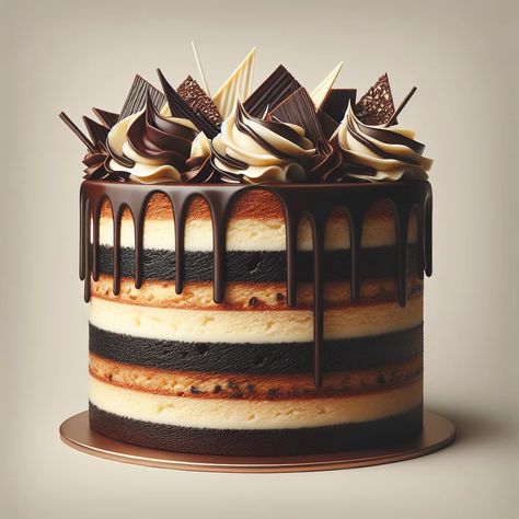 Close up shot of Costco Tuxedo cake, showcasing its different layers of chocolate and white cake, topped with dark and white chocolate ganache. Martha Stewart Chocolate Cake, Chocolate Round Birthday Cake, Tuxedo Sheet Cake, Fancy Layer Cakes, Chocolate Buttercream Cake Designs, Unique Layer Cakes, Yellow Cake With Chocolate Ganache, Chocolate Cake Tattoo, Chocolate And Gold Birthday Cake