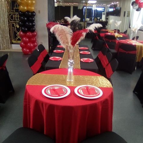 Red Black Gold Black Red And Gold Party Table Decorations, Red Black Gold Table Settings, Red Black And Gold Masquerade Party Decorations, Black Red And Gold Wedding Decoration Table Settings, Red Black And Gold Retirement Party, Black And Gold Decor, Red Party Decorations, White King, Red Party