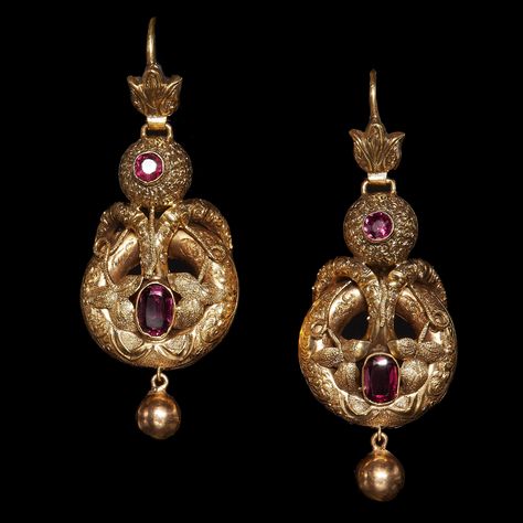 PAIR OF VICTORIAN GARNET DROP EARRINGS, of scrolling and part floral design, set with garnets. L. 4. Garnet Drop Earrings, Design Set, Vintage Jewellery, Garnet, In London, Floral Design, Fine Jewelry, Auction, Drop Earrings