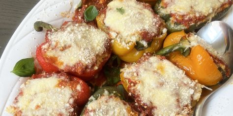 Chicken Parmesan Stuffed Peppers Recipe Chicken Parmesan Stuffed Peppers, Dinner Today, Avocado Tomato Salad, Lime Vinaigrette, Marinara Sauce Homemade, Italian Salad, Homemade Marinara, Favorite Appetizers, Make Ahead Meals