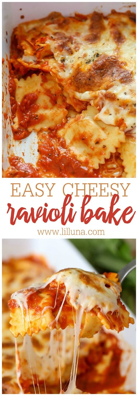 Easy Cheesy Ravioli Bake - a quick, simple and delicious dinner recipe that the whole family loves! Definitely adding this one to the monthly meal rotation. Cheesy Ravioli, Baked Ravioli, Meal Rotation, Resep Pasta, Ravioli Bake, Diner Recept, Fun Kitchen, God Mat, Easy Cheesy