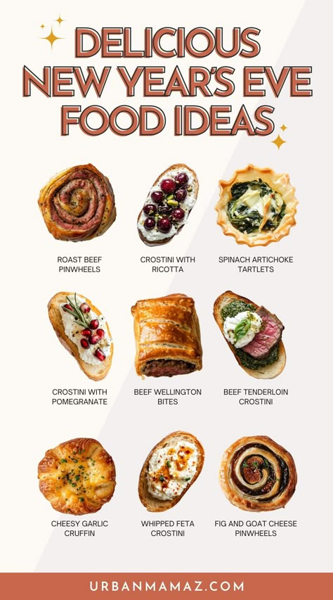 Looking for insanely good New Year's Eve food ideas? Check out these 25+ delicious New Year's Eve food ideas for your party this year! New Year’s Eve Receipts, New Years Eve Party Food Ideas, New Year’s Eve Dinner, New Year's Eve Food, New Years Eve Menu, Fun Appetizers, New Year Menu, New Years Eve Food, Creative Food Ideas