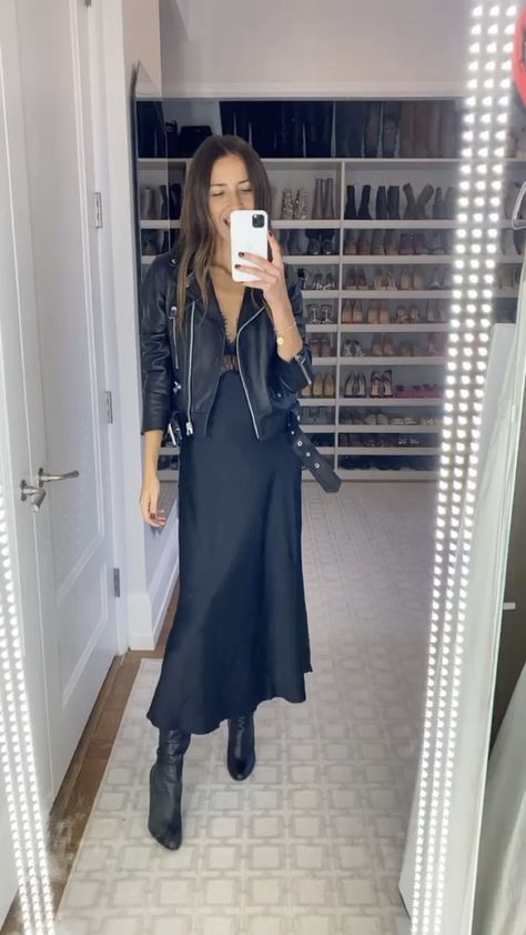 Slip Dress Leather Jacket Outfit, Arielle Charnas Style, Arielle Charnas, Leather Jacket Dress, Night Style, Slip Skirts, Black Slip Dress, Leather Jacket Outfits, Navy Fashion