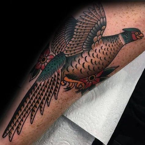 40 Pheasant Tattoo Designs For Men - Bird Ink Ideas Traditional Pheasant Tattoo, Hunting Tattoo Ideas, Pheasant Tattoo, Bird Line Drawing, American Traditional Sleeve, Traditional Tattoo Woman, Hunting Tattoos, Traditional Sleeve, Bird Tattoos