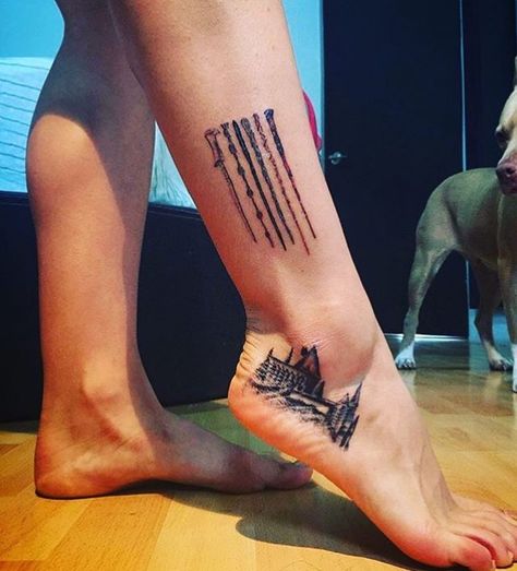 Hogwarts and wands tattoo/ Harry Potter tattoo Harry Potter Elder Wand, Tattoo Harry Potter, Athena Tattoo, Stick Tattoo, Wand Tattoo, Potter Tattoo, Elder Wand, Harry Potter Tattoos, Harry Potter Tattoo