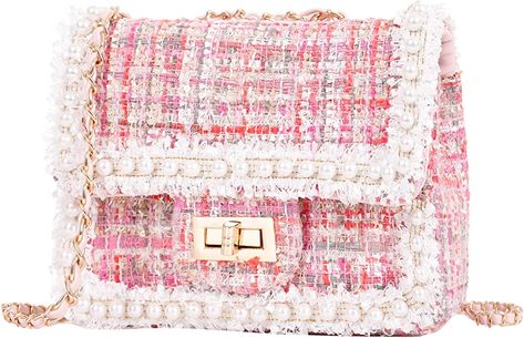 the perfect pink tweed crossbody clutch purse!! super preppy, trendy, and afforable on amazon! women's fall fashion accessories, pearls, handbag, shoulder bag with chain strap, tiny purse, messenger bag, handmade evening clutch, elle woods style, stylish and classy Tiny Purse, Fall Fashion Accessories, Pearl Top, Pearl Decorations, Women Crossbody Bag, Black Leather Purse, Bead Chain, Crossbody Clutch, Evening Clutch Bag